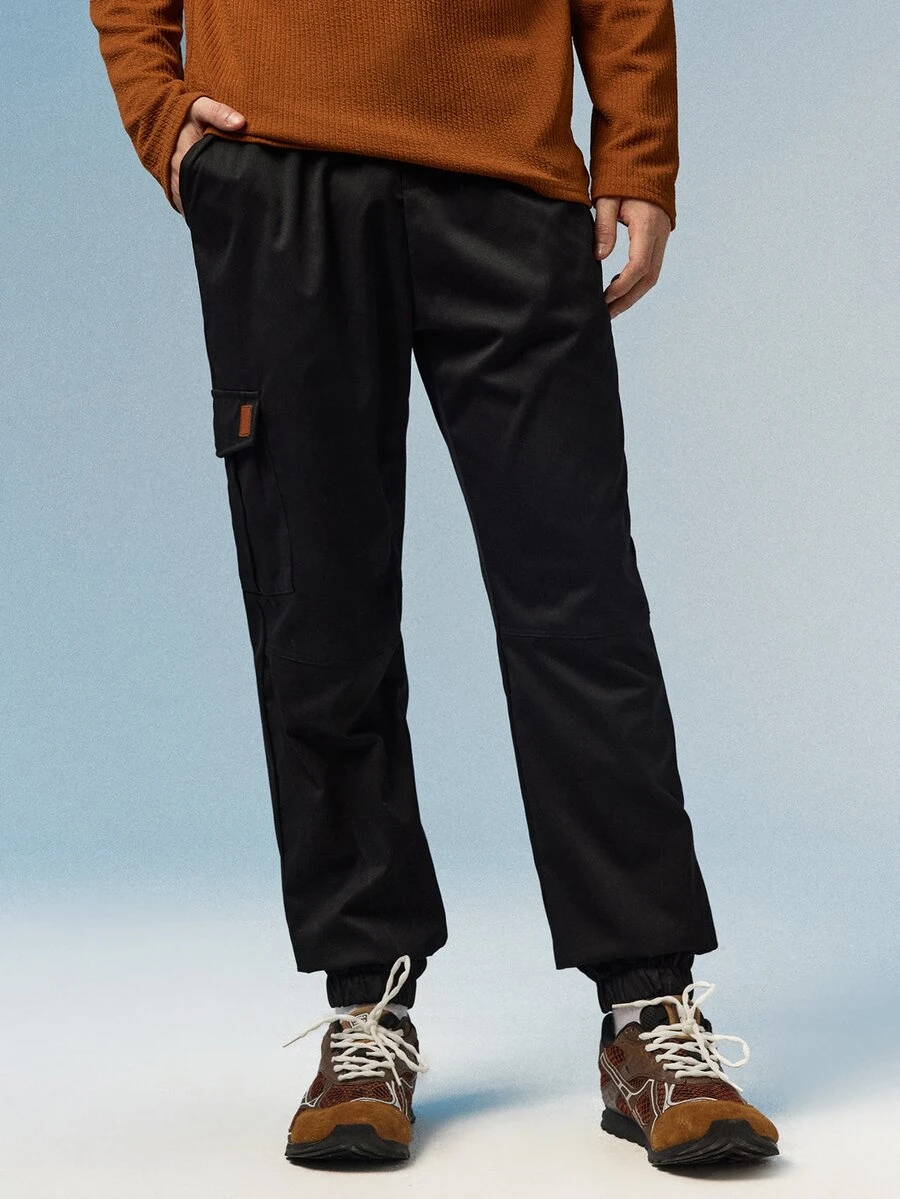 Caldwick Men's Drawstring Waist Slant Pocket Cargo Pants, For Fall - Black - View 1