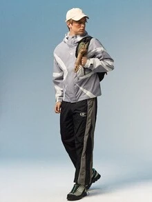 Caldwick 撞色拼接设计男士连帽长袖夹克，轻便防风 Y2K 科技风足球夹克 - 灰色 - 查看 9
