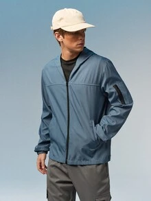 Caldwick Men Light Grey Fabric Hooded Long Sleeve Outdoor Jacket For Sports And Outdoor Activities,Tech Wear Jacket, Fall - Dusty Blue - View 4