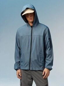 Caldwick Men Light Grey Fabric Hooded Long Sleeve Outdoor Jacket For Sports And Outdoor Activities,Tech Wear Jacket, Fall - Dusty Blue - View 5