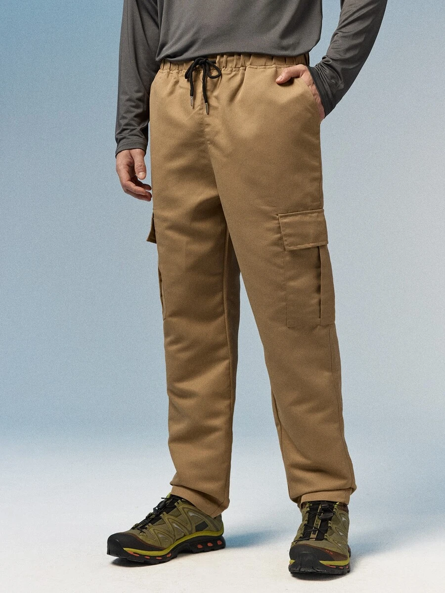 Caldwick Men's Spring/Autumn Multi-Pocket Cargo Straight Leg Pants, Solid Color Loose Fit, Versatile For Fitness, Commuting And Sports - Khaki - View 1