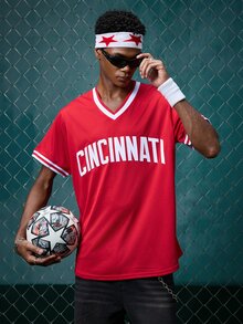 EVRINFINITE Men's Baseball Jersey, Size 30, Red, Button Embroidered Sports T-Shirt Spring Fall - Red - View 1