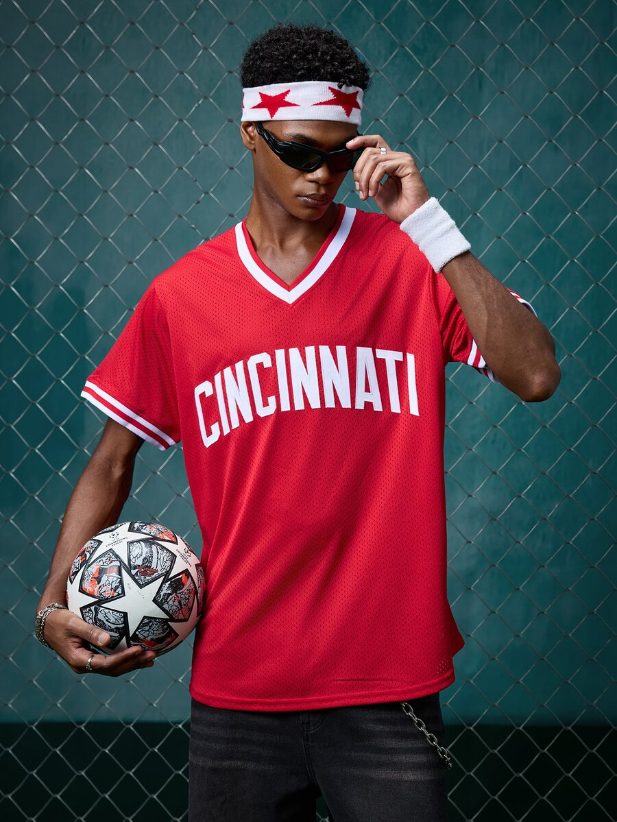 EVRINFINITE Men's Baseball Jersey, Size 30, Red, Button Embroidered Sports T-Shirt Spring Fall - Red - View 1