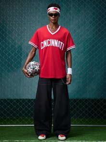 EVRINFINITE Men's Baseball Jersey, Size 30, Red, Button Embroidered Sports T-Shirt Spring Fall - Red - View 3