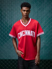 EVRINFINITE Men's Baseball Jersey, Size 30, Red, Button Embroidered Sports T-Shirt Spring Fall - Red - View 4