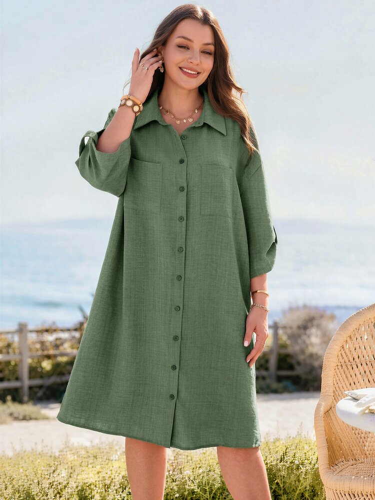 Rosumi Plus Size Women Solid Color Single-Breasted Casual Daily Dress Fall - Green - View 3