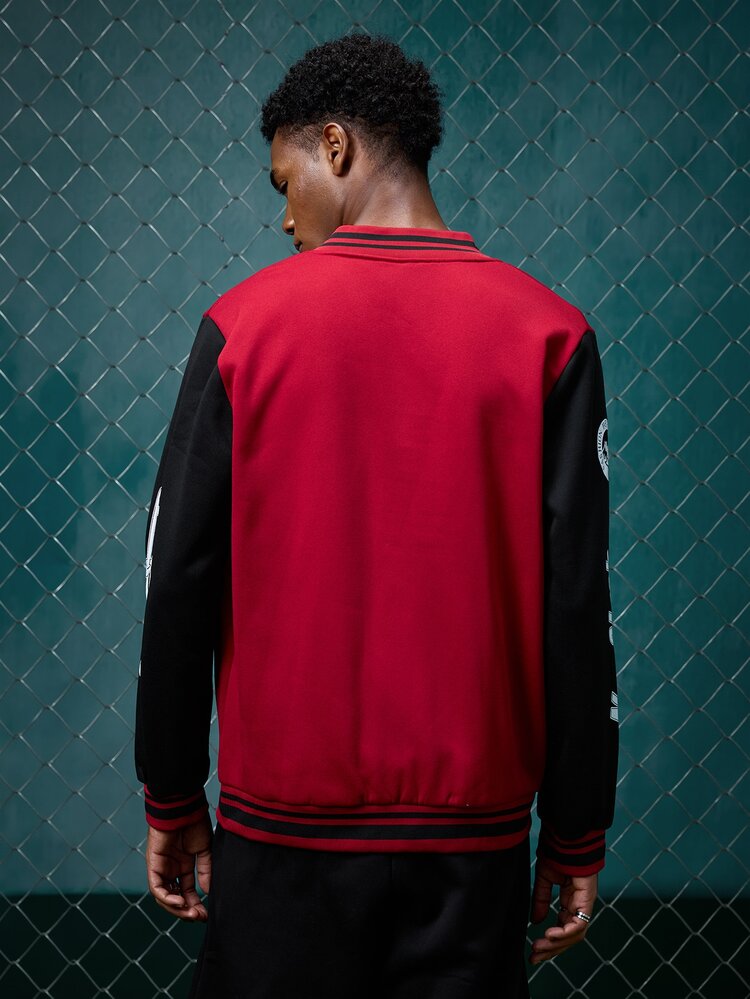 EVRINFINITE Men Slogan Graphic Colorblock Varsity Baseball Jacket, Men's Long Sleeve Graphic Varsity Jacket, For Fall - Multi - View 2