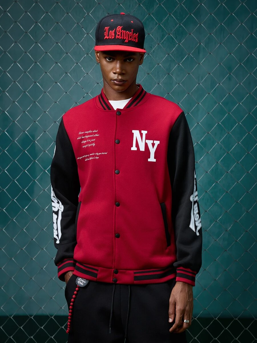 EVRINFINITE Men Slogan Graphic Colorblock Varsity Baseball Jacket, Men's Long Sleeve Graphic Varsity Jacket, For Fall - Multi - View 1