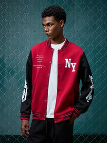 EVRINFINITE Men Slogan Graphic Colorblock Varsity Baseball Jacket, Men's Long Sleeve Graphic Varsity Jacket, For Fall - Multi - View 5