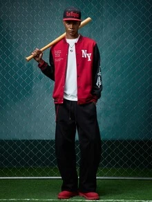 EVRINFINITE Men Slogan Graphic Colorblock Varsity Baseball Jacket, Men's Long Sleeve Graphic Varsity Jacket, For Fall - Multi - View 3