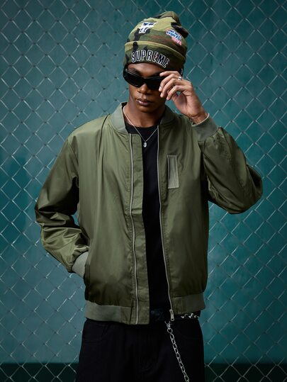 EVRINFINITE Men's Spring/Autumn Solid Color Lightweight Baseball Collar Casual Retro New Style Top Baseball Jacket Polyester Fabric Flight Jacket