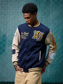 EVRINFINITE Men's Navy Blue Letter Print Baseball Jacket,Casual Color Block Patchwork Long Sleeve Streetwear For Autumn,Graduation,Back-To-School,Husband Gifts - Multicolor - View 4