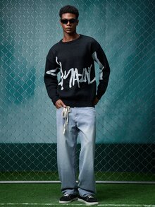 EVRINFINITE Men Letter Pattern Color Block Urban Pullover Drop Shoulder Long Sleeve Casual Sweater, For Friends, Fall/Winter - Black - View 3