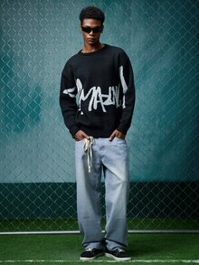 EVRINFINITE Men Letter Pattern Color Block Urban Pullover Drop Shoulder Long Sleeve Casual Sweater, For Friends, Fall/Winter - Black - View 7