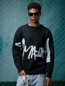 EVRINFINITE Men Letter Pattern Color Block Urban Pullover Drop Shoulder Long Sleeve Casual Sweater, For Friends, Fall/Winter - Black - View 1