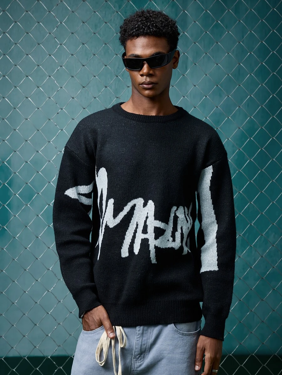 EVRINFINITE Men Letter Pattern Color Block Urban Pullover Drop Shoulder Long Sleeve Casual Sweater, For Friends, Fall/Winter - Black - View 1