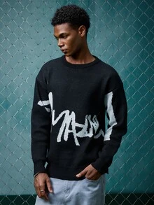 EVRINFINITE Men Letter Pattern Color Block Urban Pullover Drop Shoulder Long Sleeve Casual Sweater, For Friends, Fall/Winter - Black - View 4