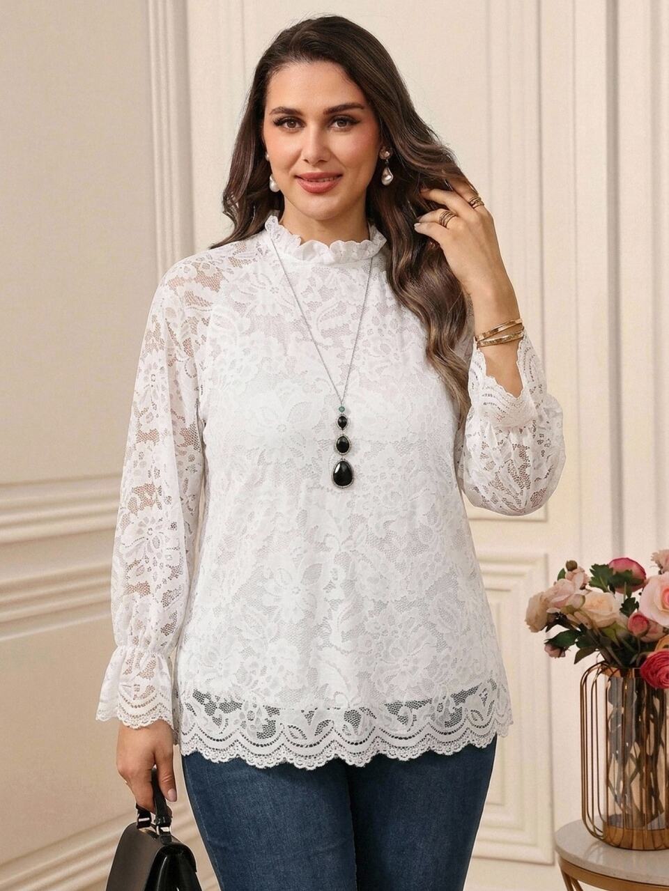 Plus Size Women's Autumn/Winter Elegant Casual All White Lace Top Shirt Evening Office Party, Fall, Going Out , Back To School, Ruffle