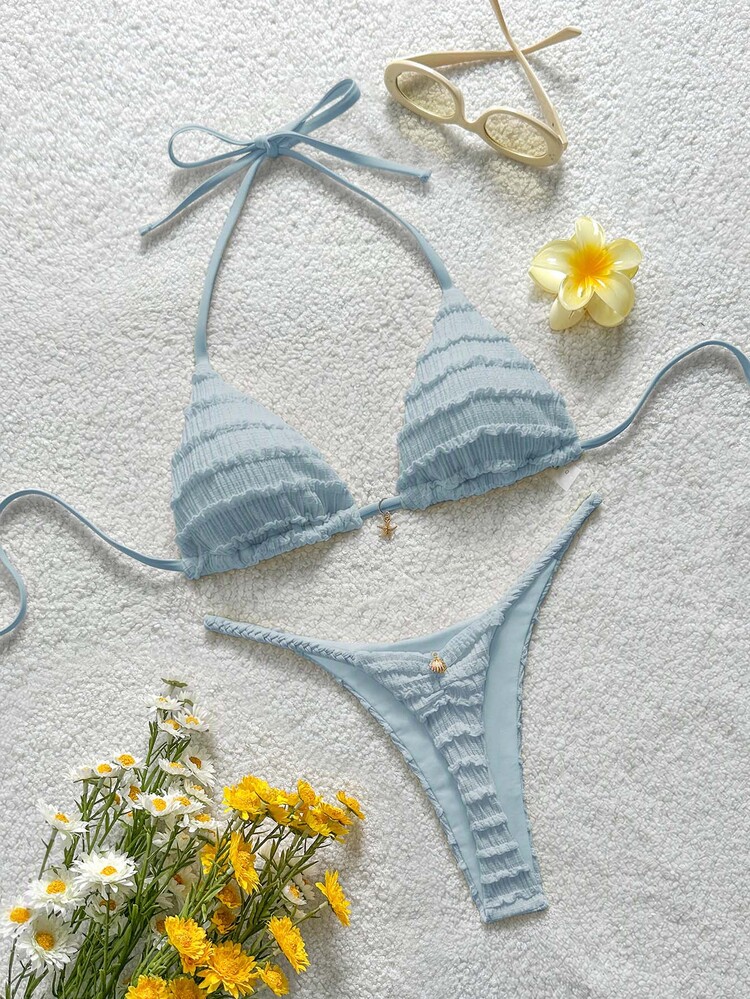 Soleia Lettuce Trim Halter Triangle Bikini Swimsuit - Blue - View 1