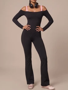 SHEIN BAE Women Black Long Sleeve Cold Shoulder Athletic Jumpsuit Gym Workout Training Running Yoga Sports Bodysuit - Black - View 8