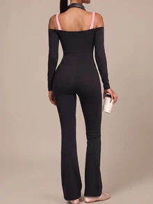 SHEIN BAE Women Black Long Sleeve Cold Shoulder Athletic Jumpsuit Gym Workout Training Running Yoga Sports Bodysuit - Black - View 3
