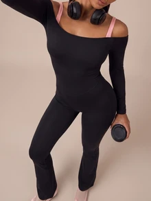 SHEIN BAE Women Black Long Sleeve Cold Shoulder Athletic Jumpsuit Gym Workout Training Running Yoga Sports Bodysuit - Black - View 6