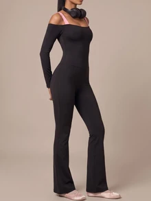 SHEIN BAE Women Black Long Sleeve Cold Shoulder Athletic Jumpsuit Gym Workout Training Running Yoga Sports Bodysuit - Black - View 4
