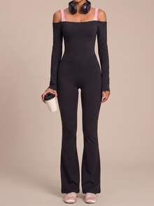 SHEIN BAE Women Black Long Sleeve Cold Shoulder Athletic Jumpsuit Gym Workout Training Running Yoga Sports Bodysuit - Black - View 7