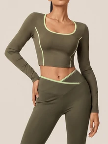 SHEIN BAE Conjunto de top de manga larga con bloques de color y leggings para mujer, casual para uso diario y deportes - Verde Oscuro - Ver 4