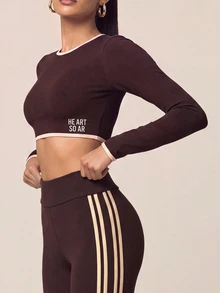 SHEIN BAE Women Dark Brown Contrast Trim Long Sleeve Crop T-Shirt Gym Workout Training Running Yoga Athletic Activewear - Coffee Brown - View 7