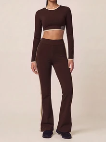 SHEIN BAE Women Dark Brown Contrast Trim Long Sleeve Crop T-Shirt Gym Workout Training Running Yoga Athletic Activewear - Coffee Brown - View 5