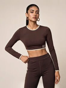 SHEIN BAE Women Dark Brown Contrast Trim Long Sleeve Crop T-Shirt Gym Workout Training Running Yoga Athletic Activewear - Coffee Brown - View 3