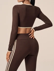 SHEIN BAE Women Dark Brown Contrast Trim Long Sleeve Crop T-Shirt Gym Workout Training Running Yoga Athletic Activewear - Coffee Brown - View 6