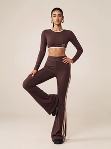 SHEIN BAE Women Dark Brown Contrast Trim Long Sleeve Crop T-Shirt Gym Workout Training Running Yoga Athletic Activewear - Coffee Brown - View 4