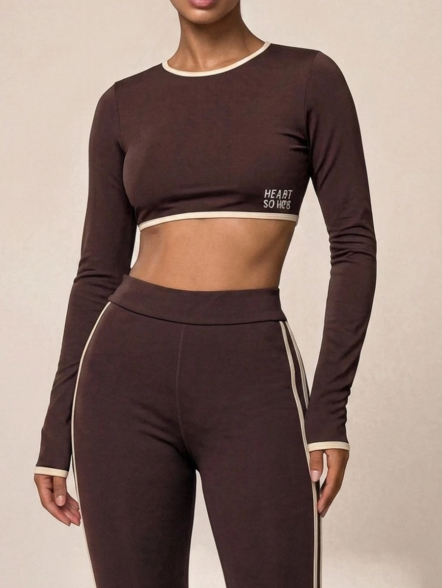 SHEIN BAE Women Dark Brown Contrast Trim Long Sleeve Crop T-Shirt Gym Workout Training Running Yoga Athletic Activewear