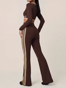 SHEIN BAE Women Brown Side Stripe High Waist Flare Pants Gym Workout Training Running Yoga Athletic Activewear - Coffee Brown - View 6