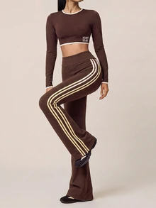 SHEIN BAE Women Brown Side Stripe High Waist Flare Pants Gym Workout Training Running Yoga Athletic Activewear - Coffee Brown - View 3