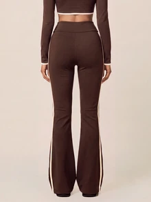 SHEIN BAE Women Brown Side Stripe High Waist Flare Pants Gym Workout Training Running Yoga Athletic Activewear - Coffee Brown - View 5