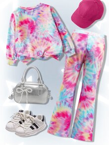 SHEIN Trolls Young Girl Casual Tie-Dye Cartoon Pattern Crew Neck Sweatshirt And Flare Pants Set, Autumn - Multicolor - View 3
