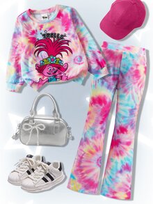 SHEIN Trolls Young Girl Casual Tie-Dye Cartoon Pattern Crew Neck Sweatshirt And Flare Pants Set, Autumn - Multicolor - View 2