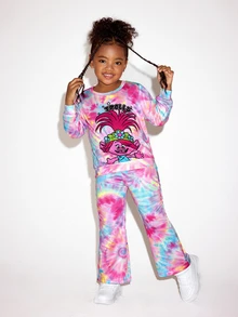 SHEIN Trolls Young Girl Casual Tie-Dye Cartoon Pattern Crew Neck Sweatshirt And Flare Pants Set, Autumn - Multicolor - View 4