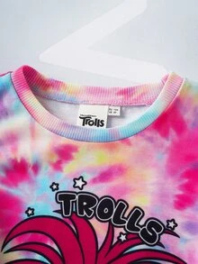 SHEIN Trolls Young Girl Casual Tie-Dye Cartoon Pattern Crew Neck Sweatshirt And Flare Pants Set, Autumn - Multicolor - View 6