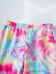 SHEIN Trolls Young Girl Casual Tie-Dye Cartoon Pattern Crew Neck Sweatshirt And Flare Pants Set, Autumn - Multicolor - View 9