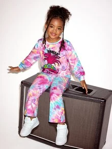 SHEIN Trolls Young Girl Casual Tie-Dye Cartoon Pattern Crew Neck Sweatshirt And Flare Pants Set, Autumn - Multicolor - View 5