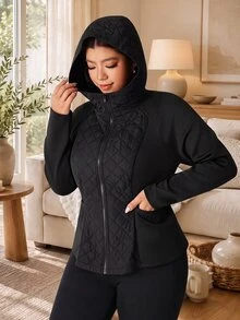 Solflare Plus Size Women's Solid Color Raglan Long Sleeve Hooded Casual Winter Jacket Black Hiking - Black - View 5