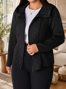 Solflare Plus Size Women's Solid Color Raglan Long Sleeve Hooded Casual Winter Jacket Black Hiking - Black - View 3
