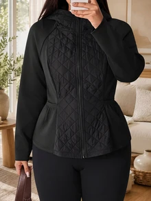 Solflare Plus Size Women's Solid Color Raglan Long Sleeve Hooded Casual Winter Jacket Black Hiking - Black - View 8