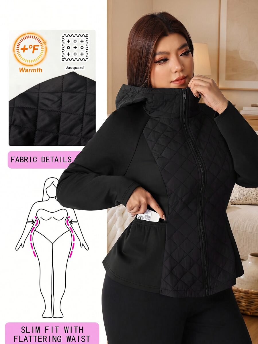 Solflare Plus Size Women's Solid Color Raglan Long Sleeve Hooded Casual Winter Jacket Black Hiking - Black - View 1
