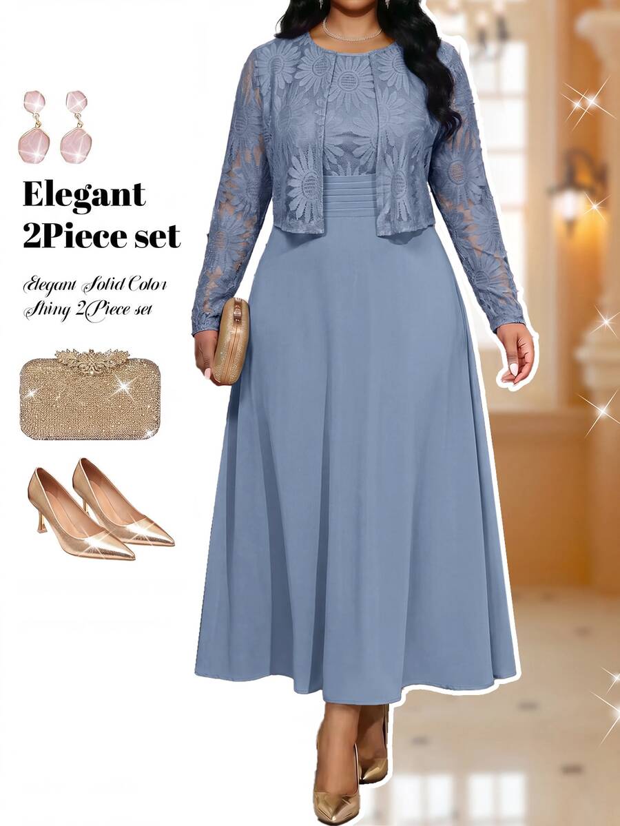 Fleurora Set 2 Potongan Gaun Lipit Renda Elegan Ukuran Plus dengan Jaket Lengan Panjang - Biru - View 1