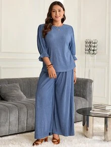 Rosumi Women's Plus Size Pullover Short Sleeve Top And Long Pants Set, Autumn Outfit For Women  Back To School Clothes  Blue Set Fall - Blue - View 2